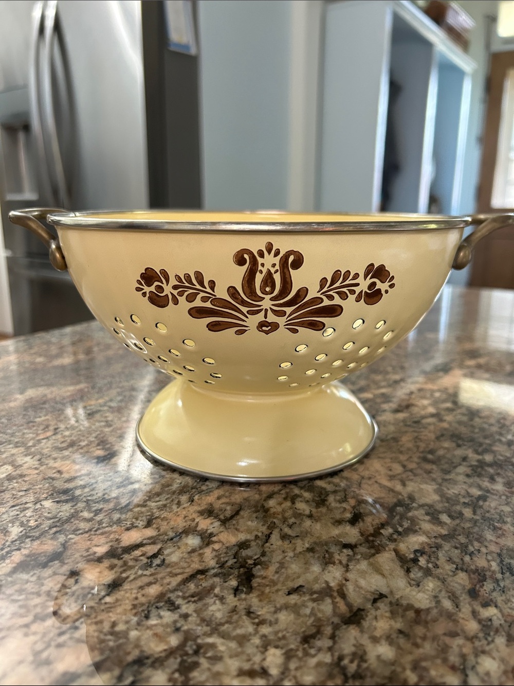 Vintage Pfaltzgraff Yellow Decorative Metal Colander with Brown Floral Motif